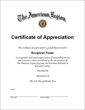 Legion Certificate of Appreciation